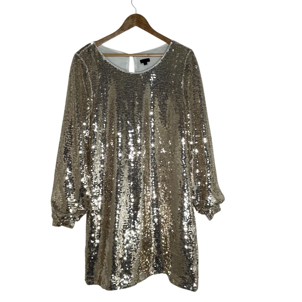 NBD Gold Sequins Long Puff Sleeve Holidays New Years Sparkly Shift Mini Dress XS